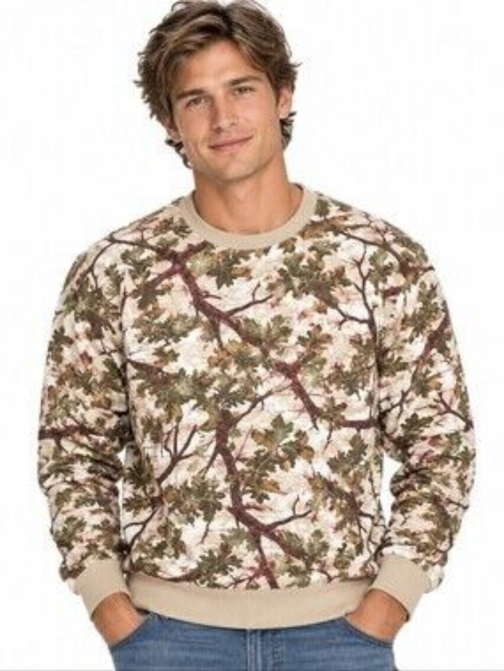 Men's Beige Camouflage Tree-Print Crewneck Sweater